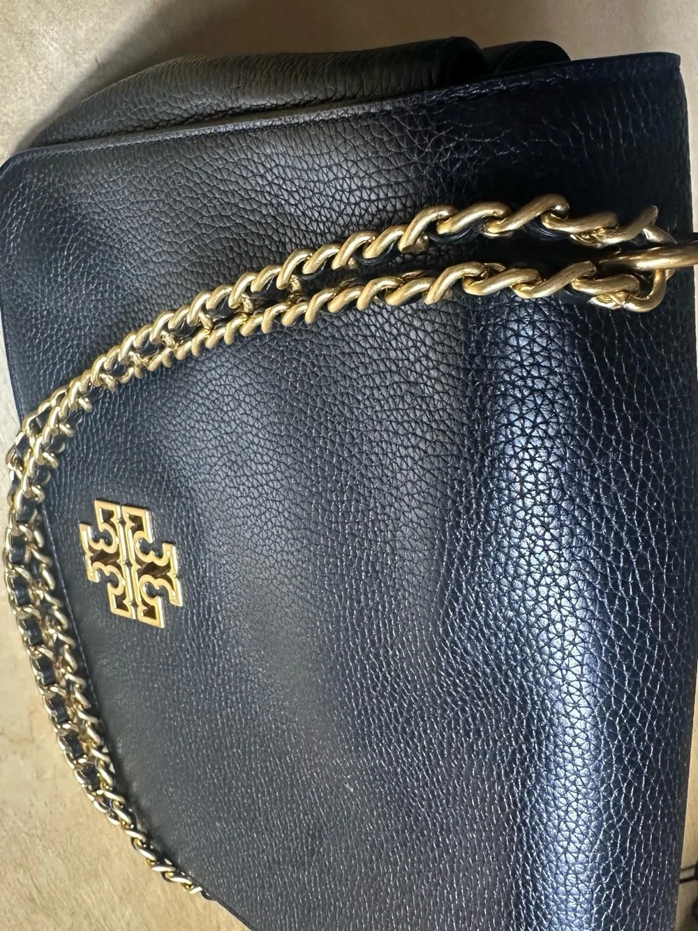 Tory Burch Black Pebbled Leather Shoulder Bag with Gold Chain